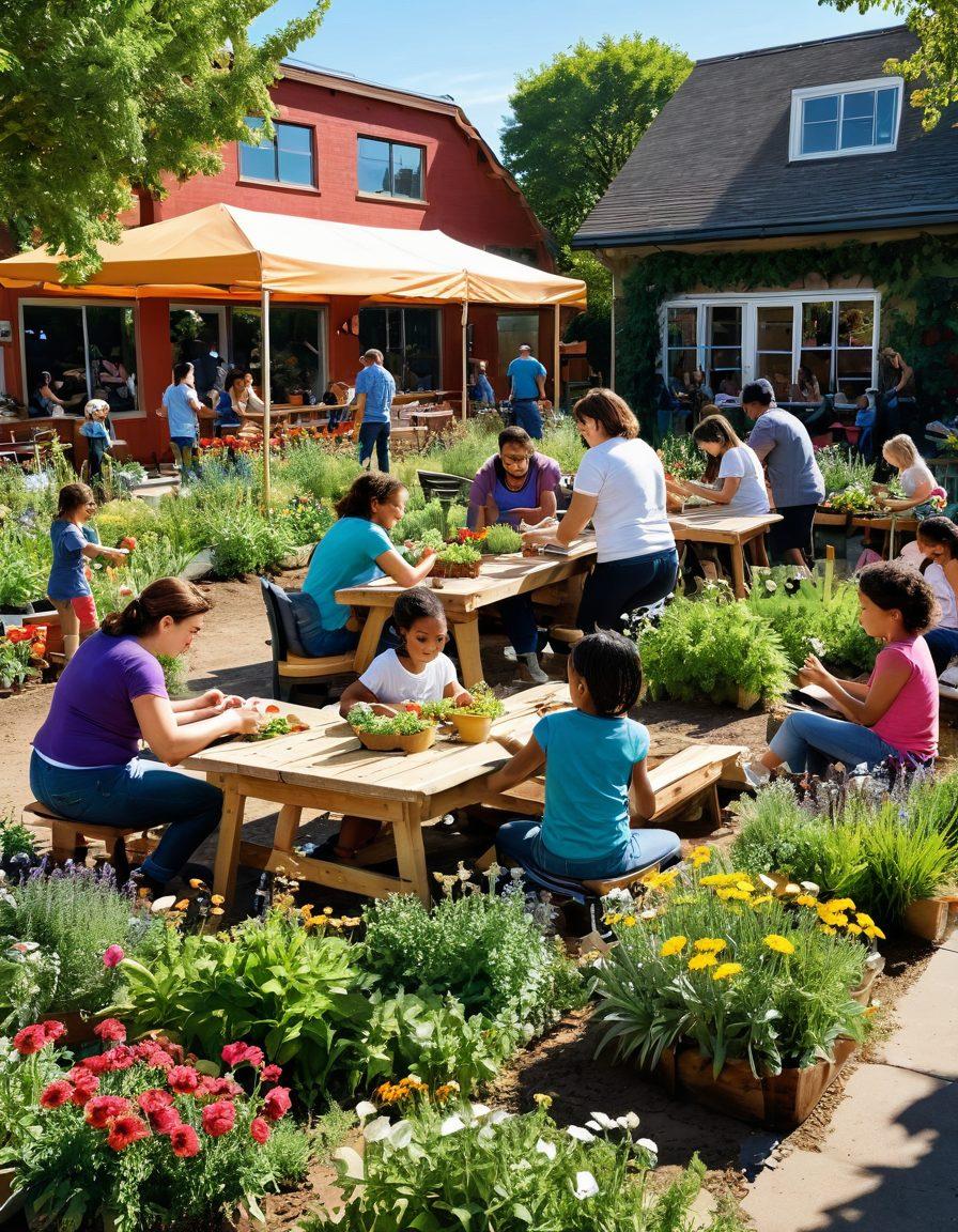 A vibrant community garden scene bustling with diverse people collaborating, planting, and sharing ideas amidst blooming flowers and greenery. In the background, a cozy community center with banners promoting engagement and connection. Children play near a communal table filled with shared harvest, creating a sense of togetherness. super-realistic. vibrant colors. bright sunny day.
