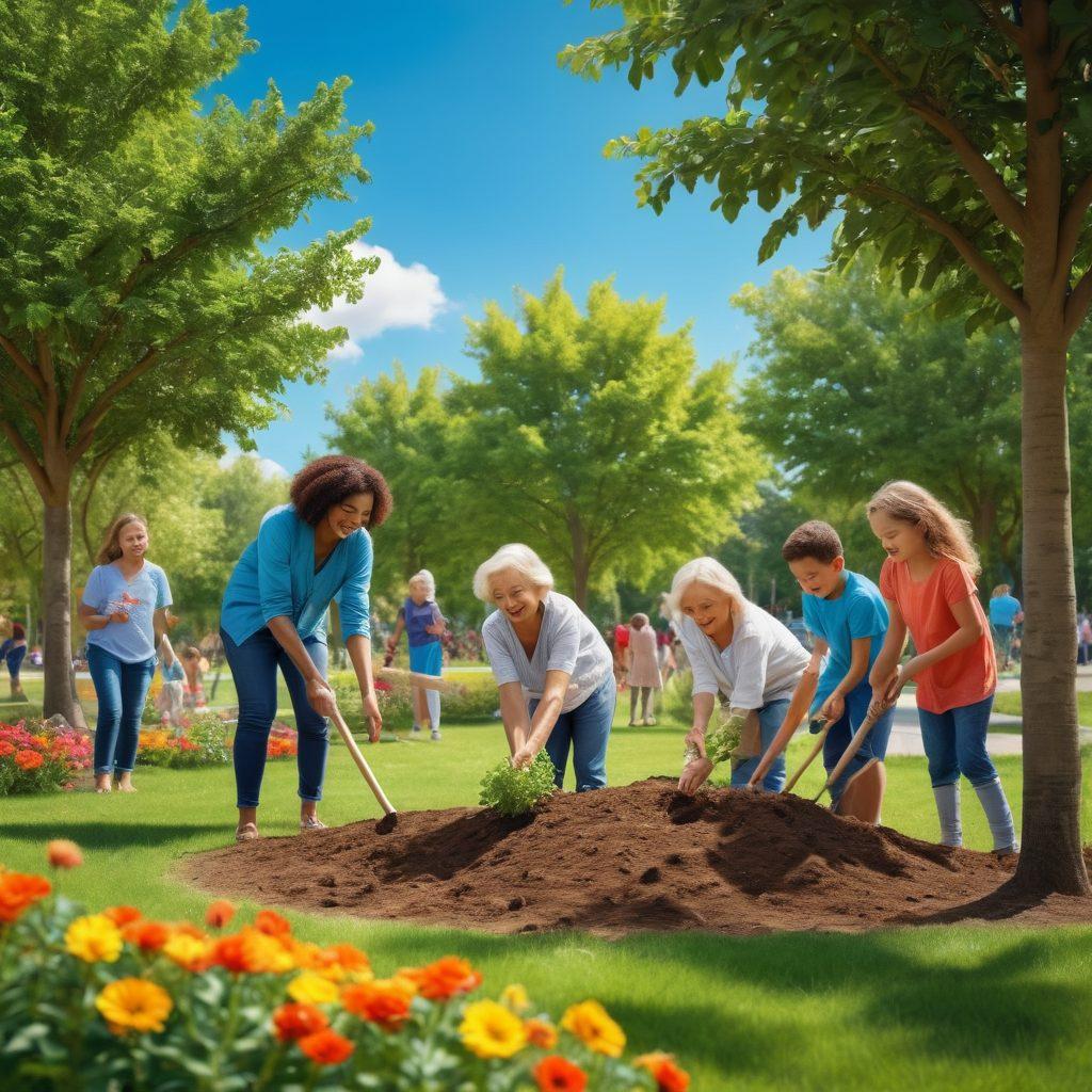 A diverse group of people of various ages and backgrounds, joyfully engaging in a community project, planting trees together in a vibrant park. The scene is filled with greenery, colorful flowers, and a clear blue sky, symbolizing unity and collaboration. Include subtle elements of philanthropy like donation boxes and children playing nearby. warm and inviting atmosphere. super-realistic. vibrant colors.