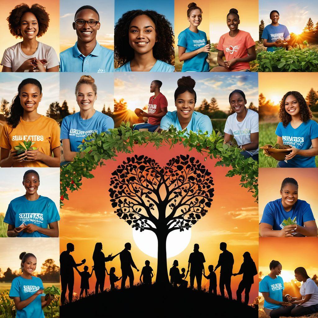 A vibrant collage showcasing diverse individuals engaging in various volunteer activities and community events, such as planting trees, organizing charity drives, and helping in local shelters. The background features a warm sunset, symbolizing unity and hope, with hearts subtly integrated into the design. Emphasize diversity and connection among people from different backgrounds. super-realistic. vibrant colors. warm tones.